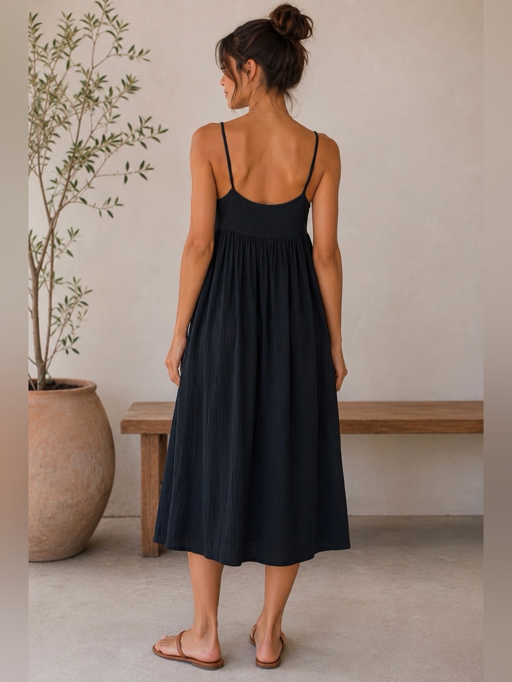 Black Cotton Gauze Midi Dress Spaghetti Strap Flowy Boho Cottagecore M - Picture 2 of 7